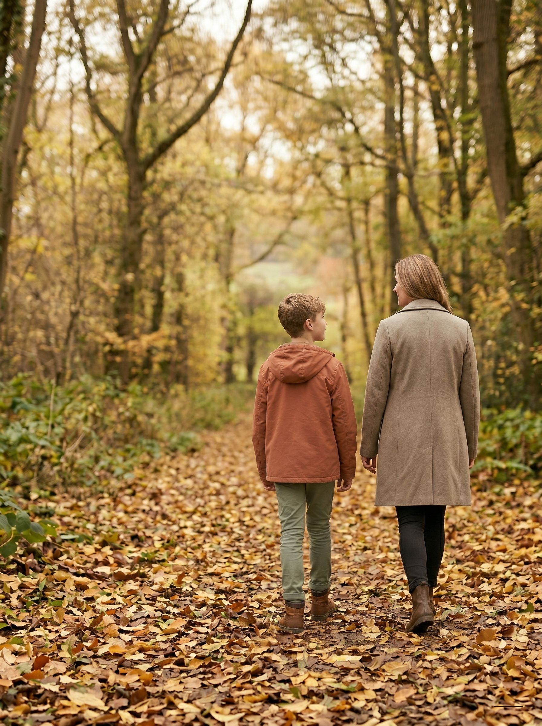 A parent and child walking hand in hand along an autumn woodland path